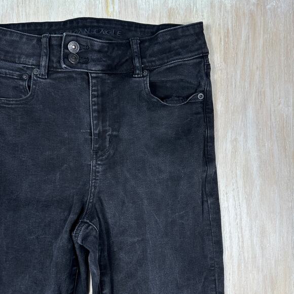 American Eagle Next Level Stretch Black Super High Rise Flare Denim Jeans 10 - Picture 3 of 16
